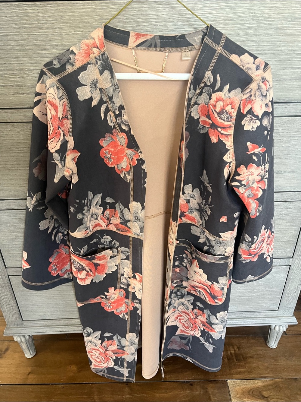 Tahari Black Floral Open-Front Coat with Coral Accents